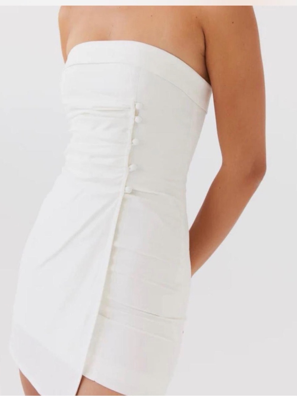 Peppermayo Strapless White Mini Dress with Side Button Detail